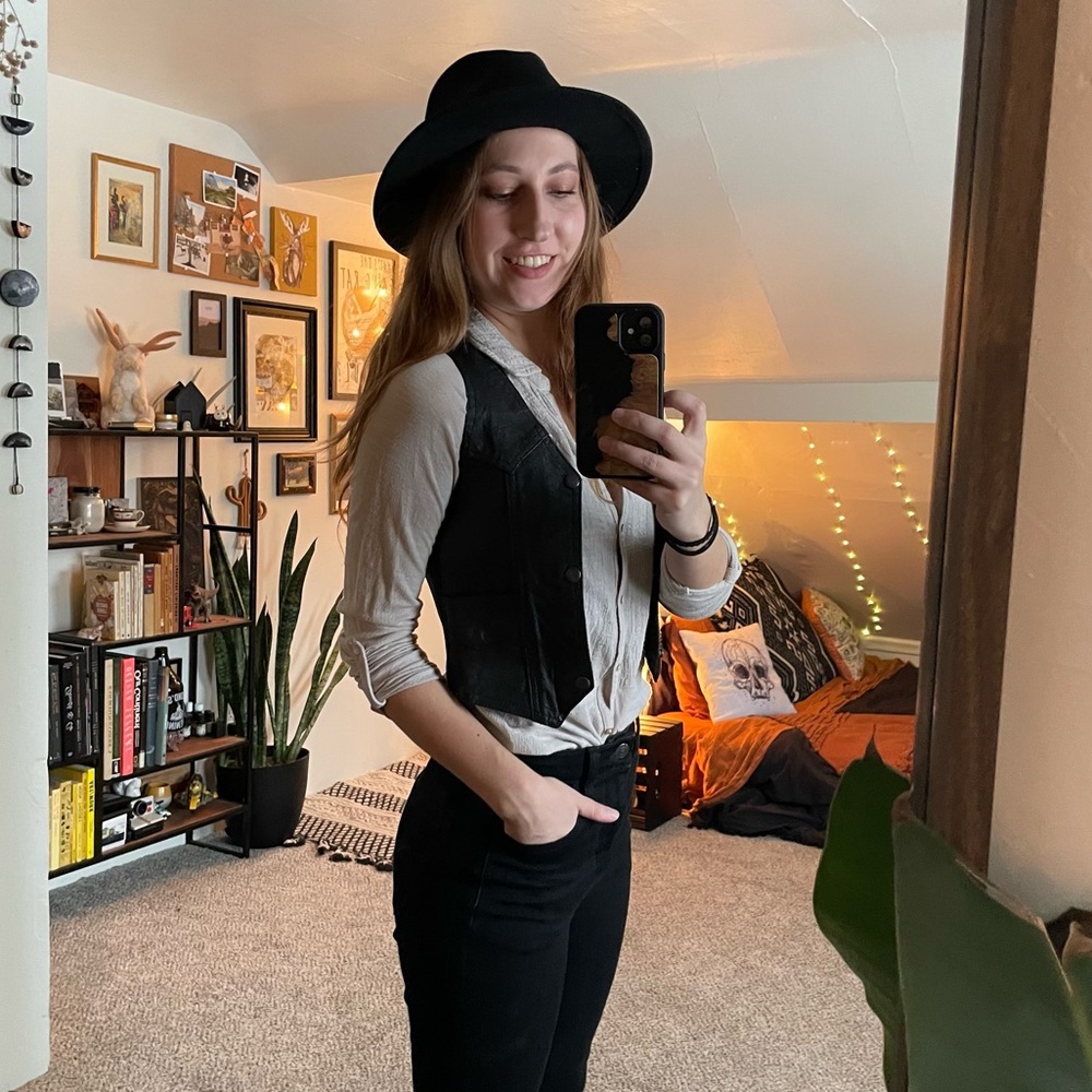 Vintage Leather Motorcycle Style Vest with Pockets